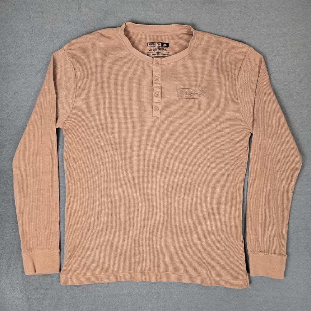 Troll Co‎ Shirt Mens XL Taupe Long Sleeve Thermal Henley Waffle Knit Workwear